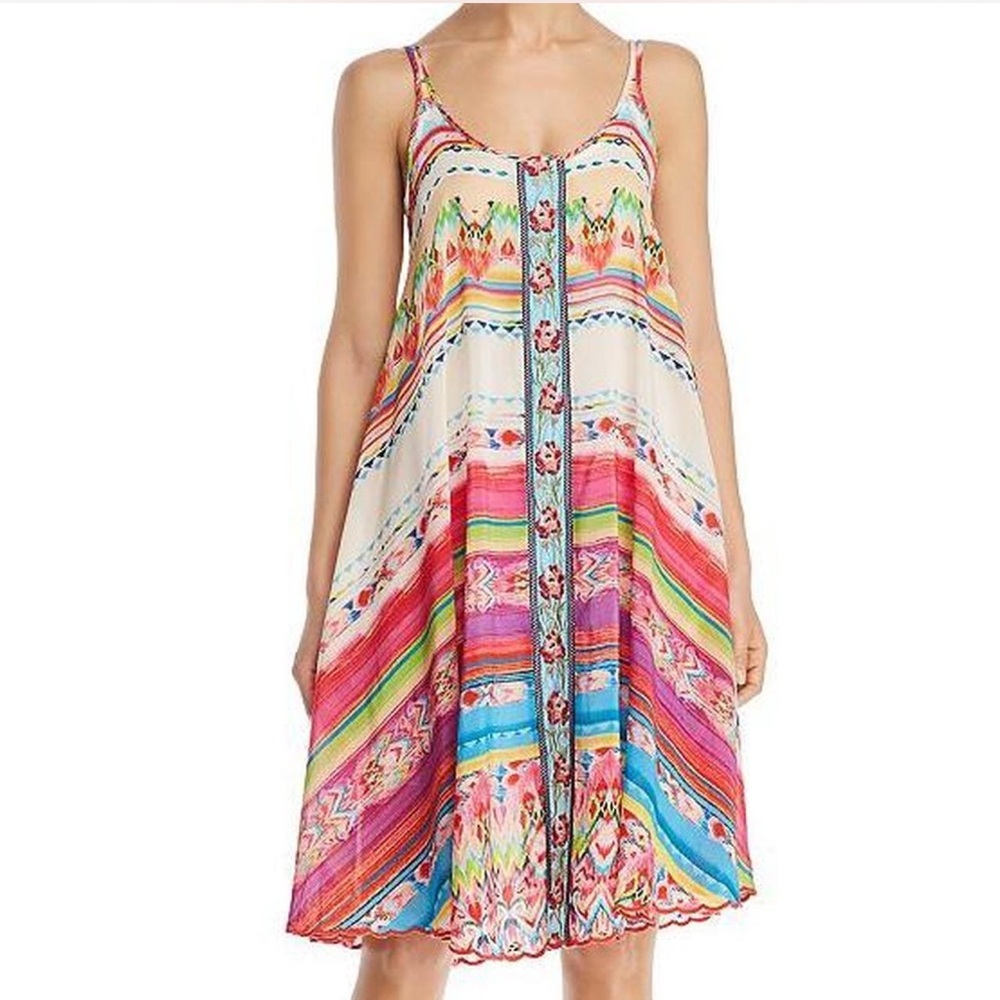 JOHNNY WAS Taleah Ribbon-Trim Georgette Tent Swing Dress Rose Beach - SZ LARGE